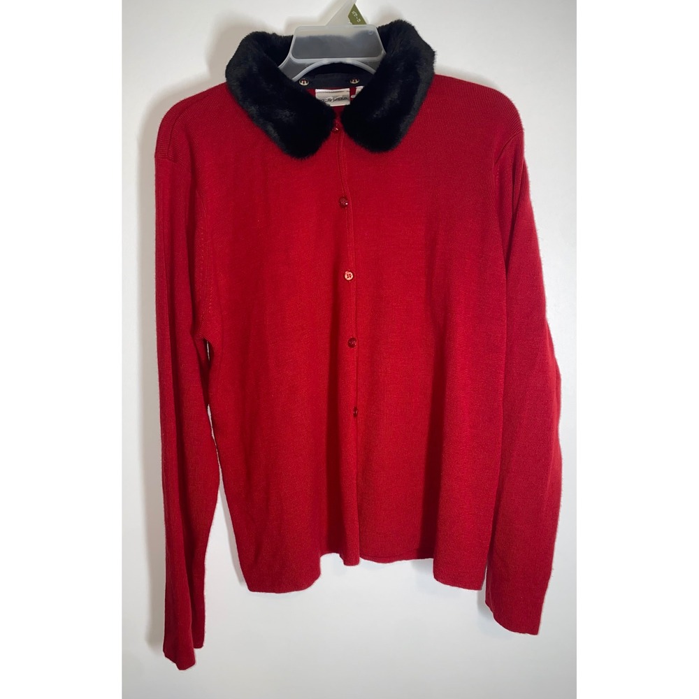 Villager Liz Claiborne Red Cardigan Sweater Black Detachable Faux Fur Collar XL